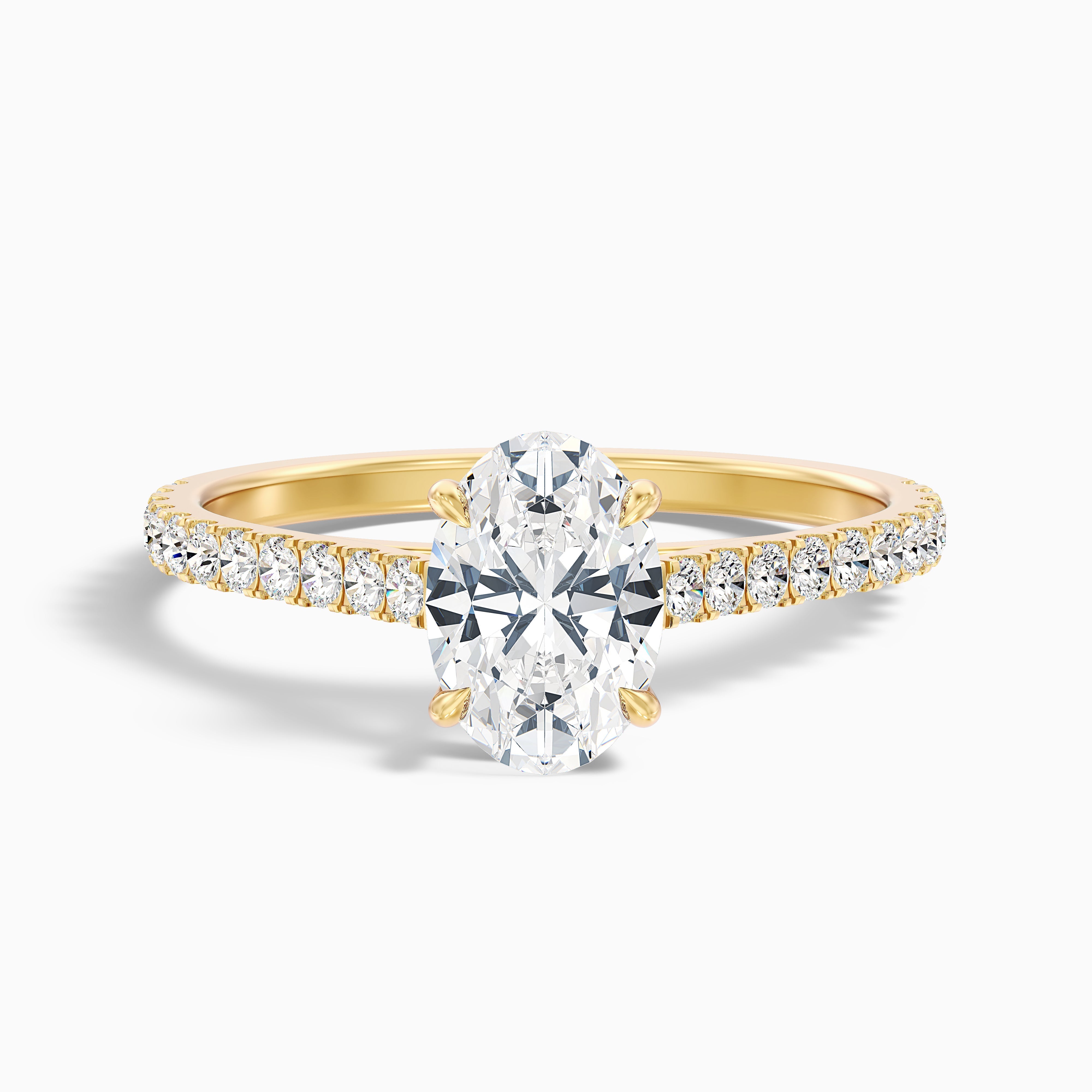 Diana 2.5 Carat Oval Side Stone Pave Moissanite Diamond Ring in 14k Yellow Gold