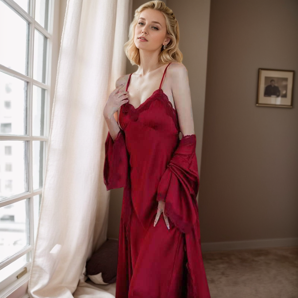 Luxury Satin & Lace Long Nightgown with Robe – Elegant Loungewear SelenaHuanStudio