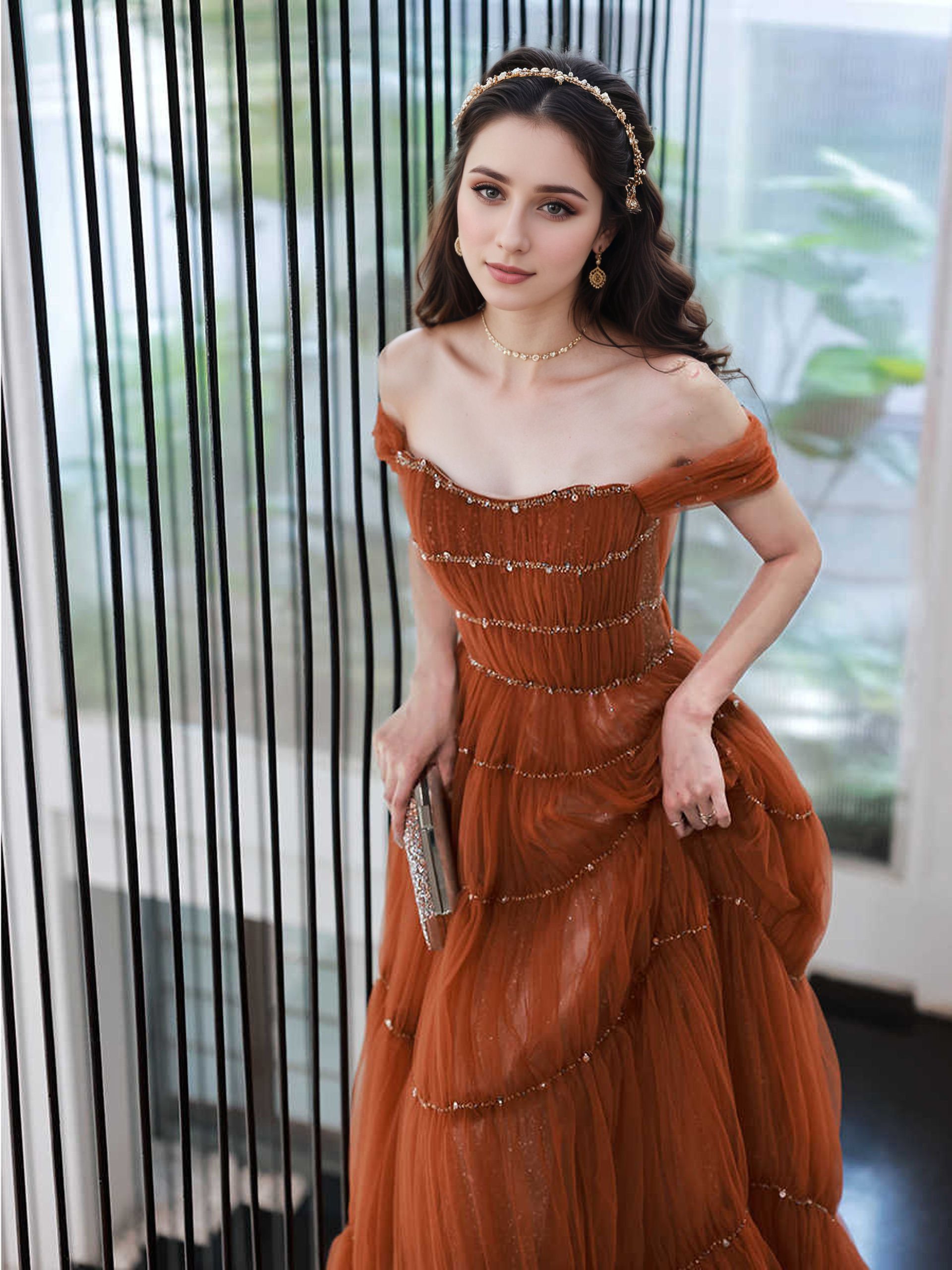 Tiered Tulle Off-Shoulder Gown with Crystal Beading SelenaHuanStudio