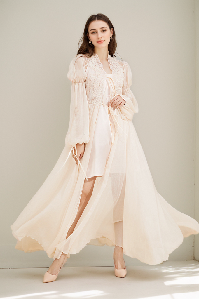 Boho Lace Embroidered Long Sheer Robe Set with Camisole Dress SelenaHuanStudio