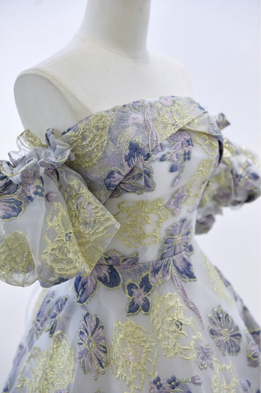 Elora - embroidery golden blue floral pattern off-the-shoulder Princess Prom Dress SelenaHuanStudio
