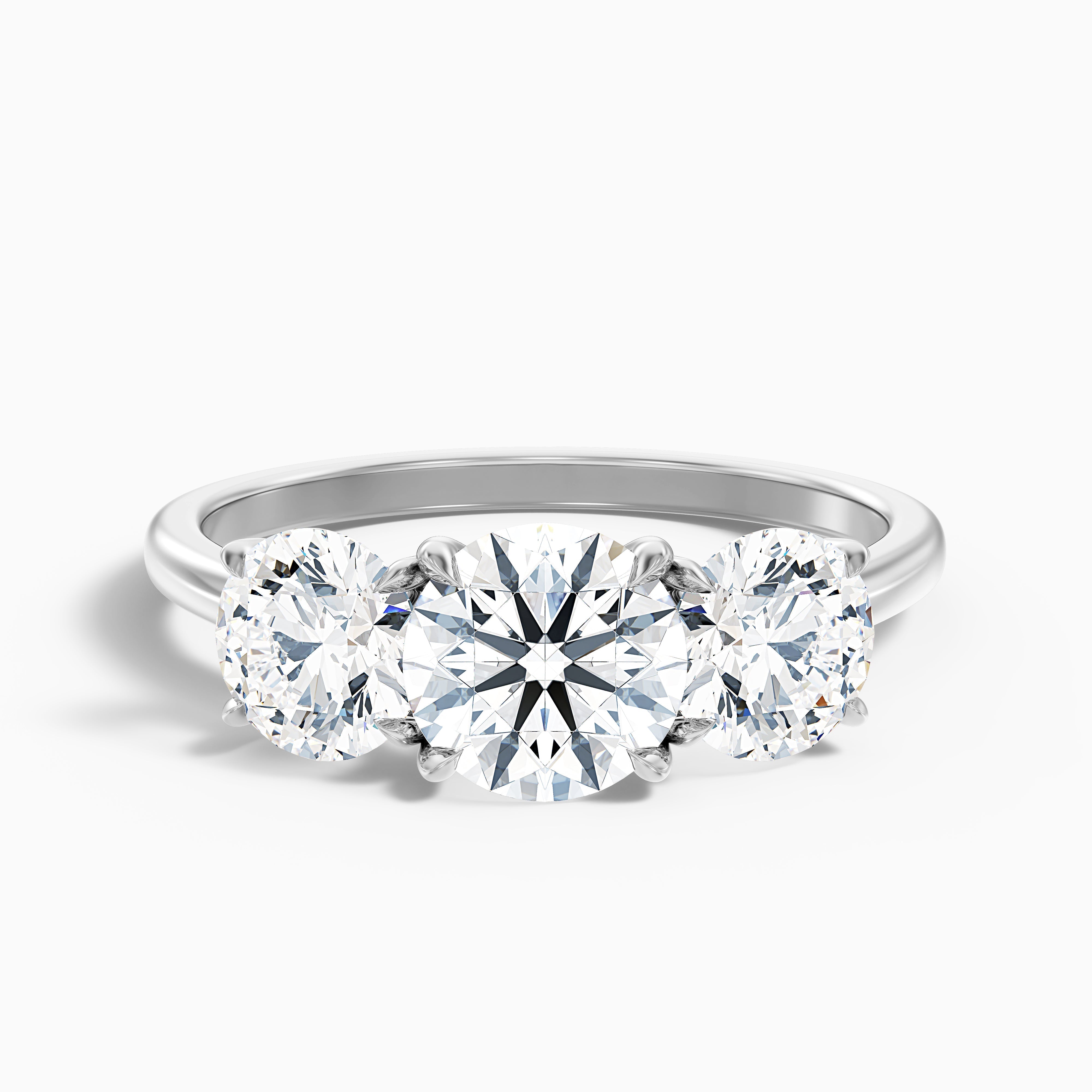Iris 3 Carat Round Three Stone Moissanite Diamond Ring in 18k White Gold