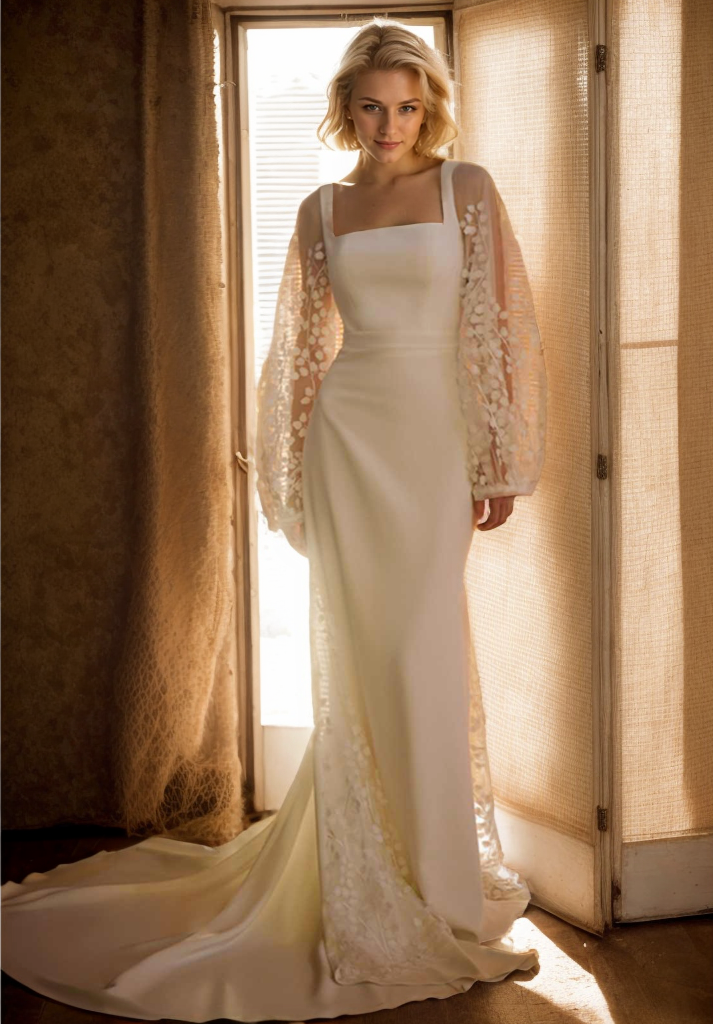 Minimalist Square Neck Wedding Dress with Sheer Embroidered Sleeves – Modern Bridal Elegance SelenaHuanStudio
