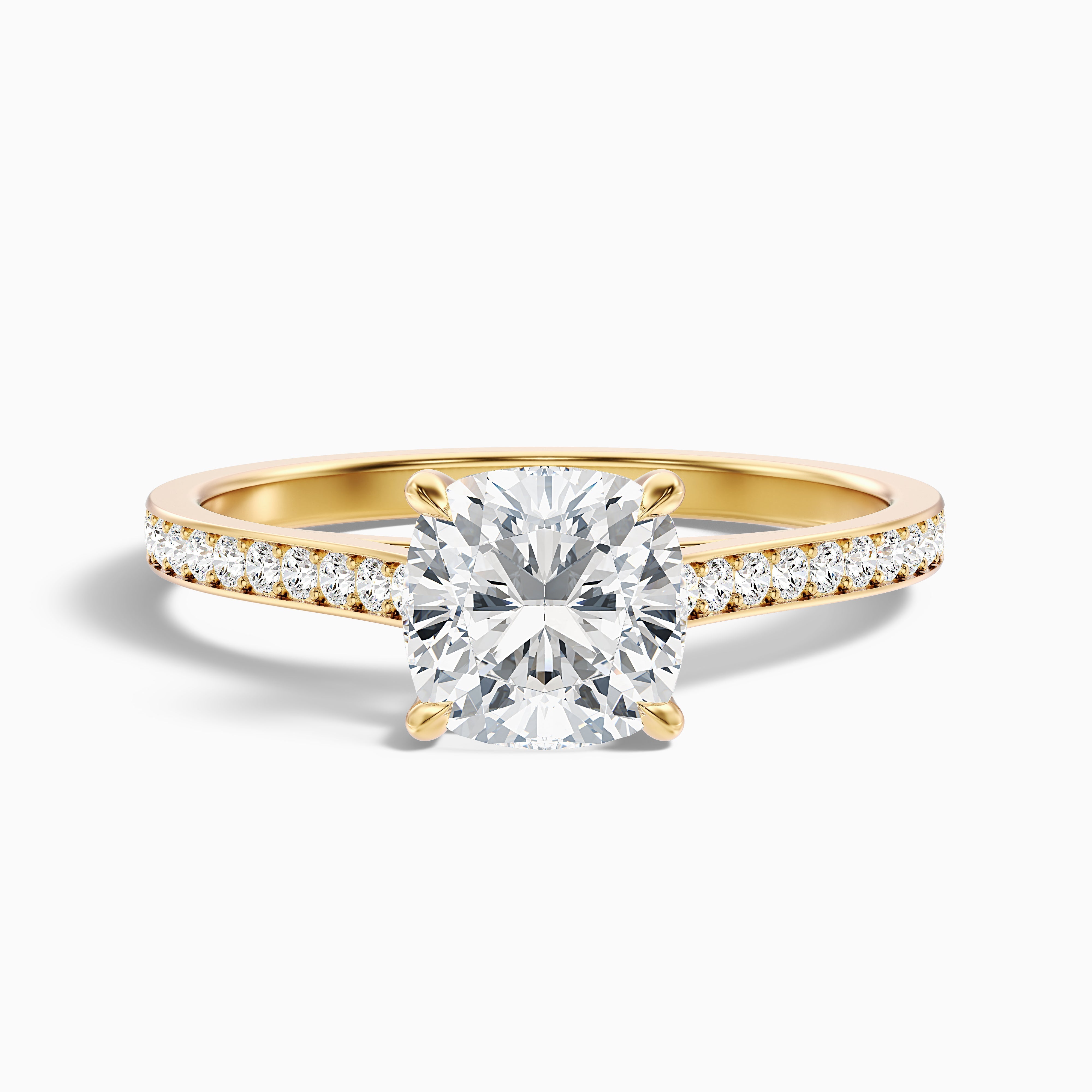 Eva 1.5 Carat Cushion Cut Side Stone Pave Moissanite Diamond Ring in 18k Rose Gold