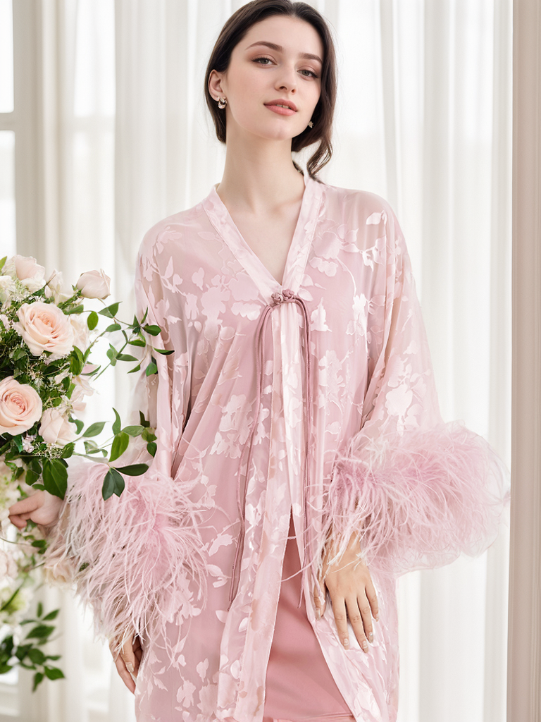 Luxurious Sequin Embroidered Lace Ostrich Feather Robe Set – Blush Pink Elegance SelenaHuanStudio