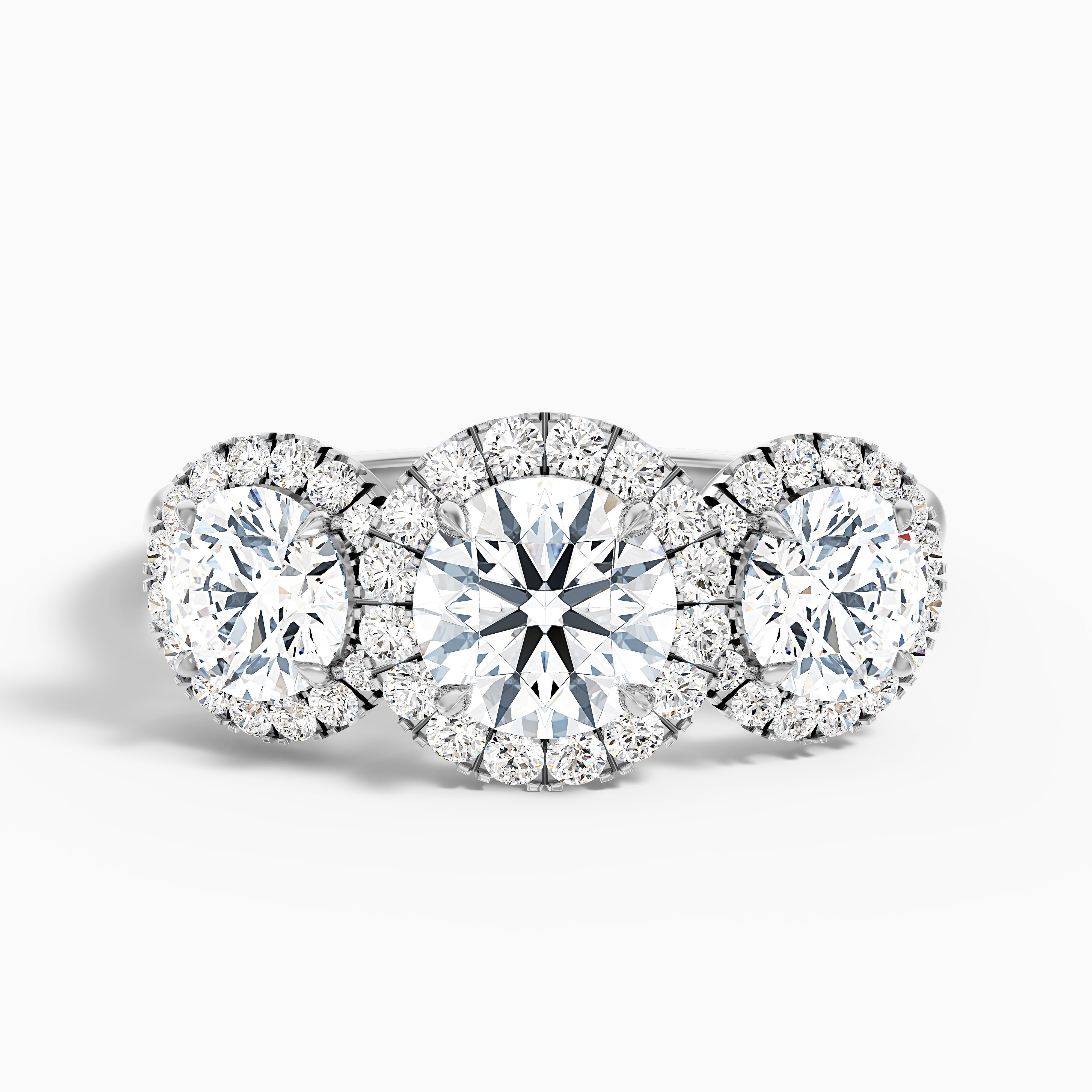 Emma 2.5 Carat Three Stone Round Halo Moissanite Engagement Ring in 14k Yellow Gold