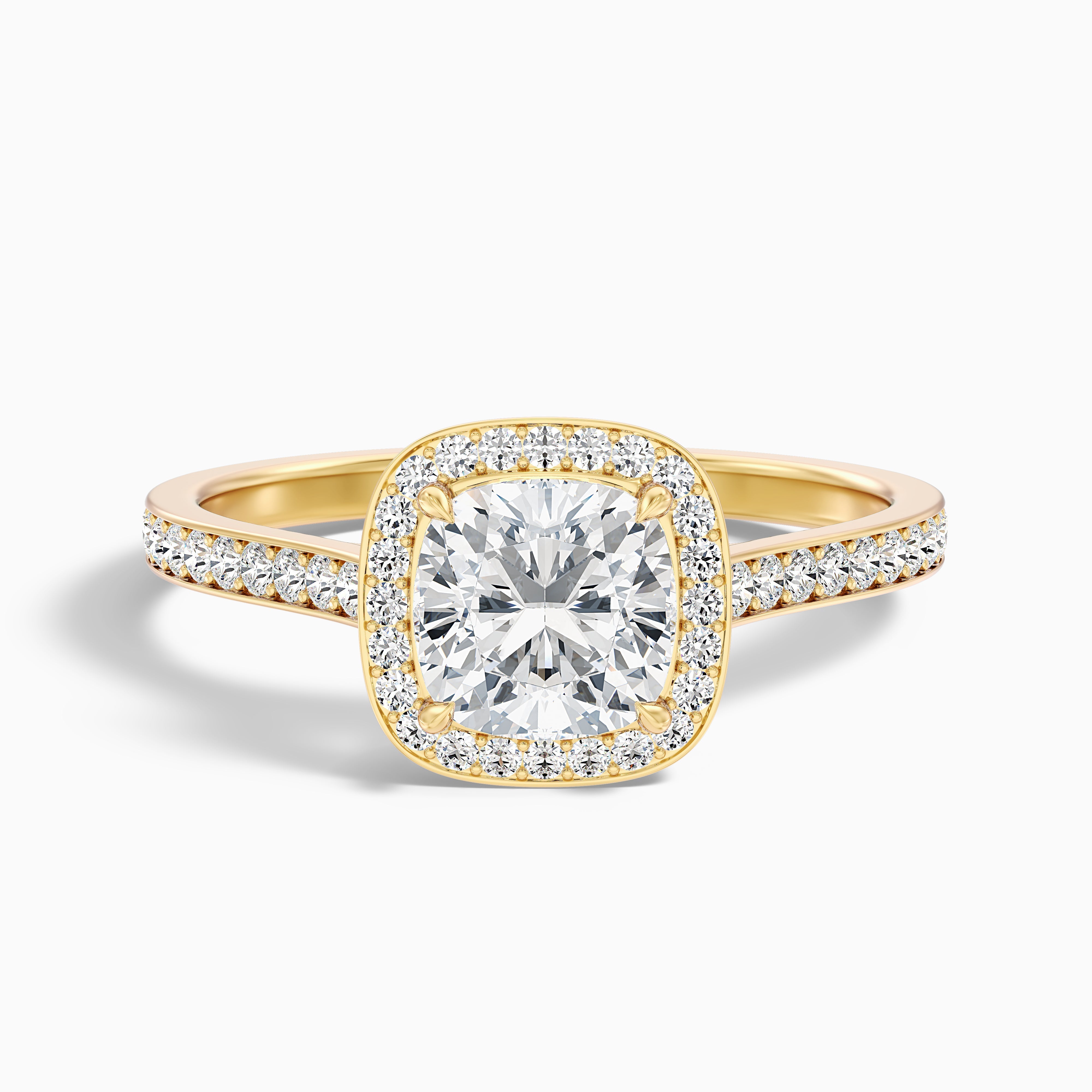 Kelly 4 Carat Cushion Cut Halo Pave Moissanite Engagement Ring in 10k Yellow Gold
