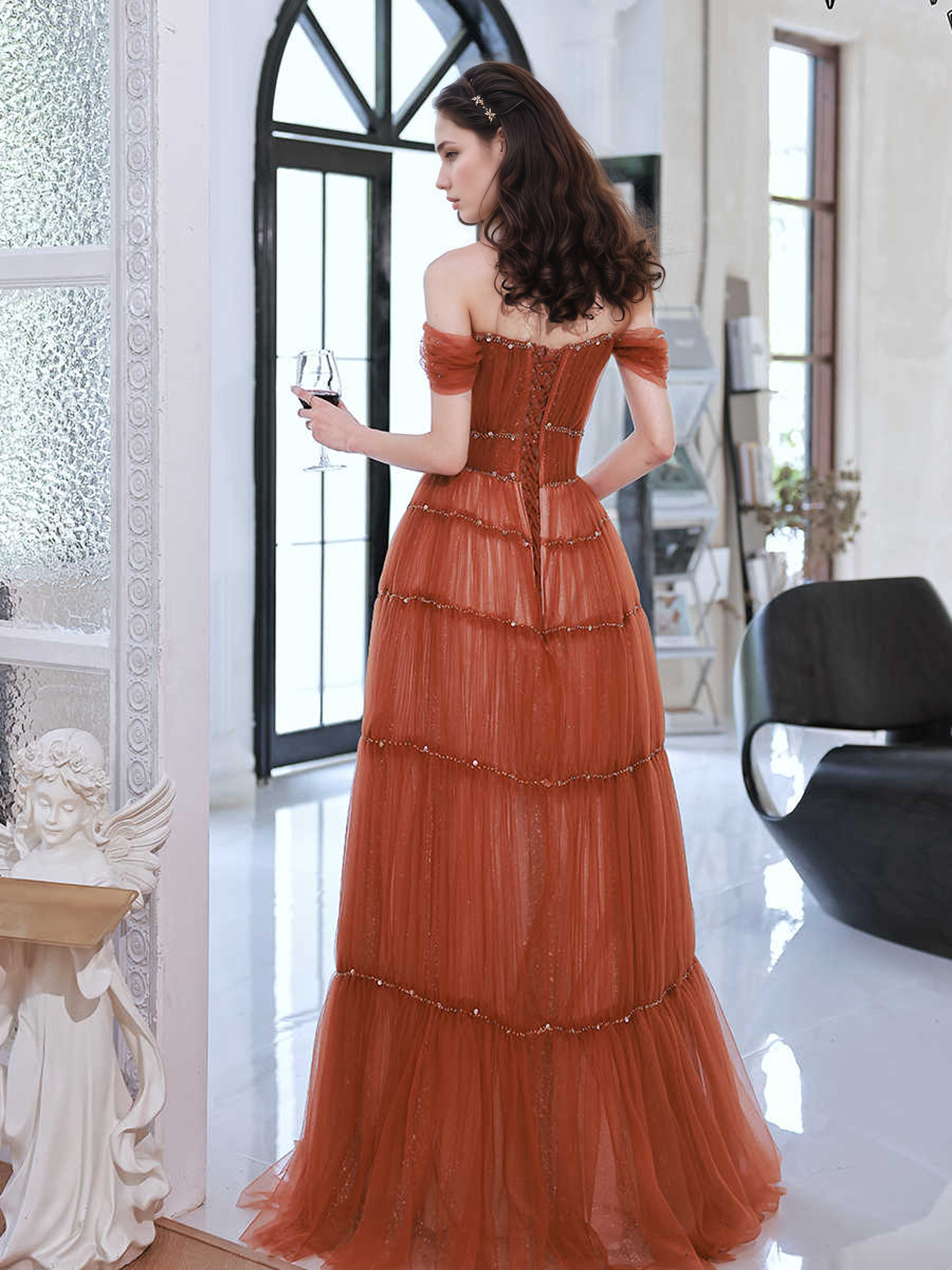 Tiered Tulle Off-Shoulder Gown with Crystal Beading SelenaHuanStudio