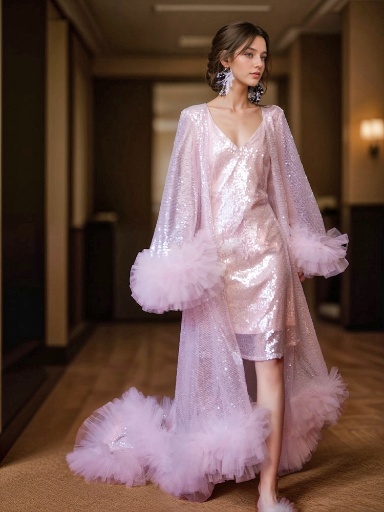 Ruffled tulle fringe hem sequin mesh long robe with sequin nightgown pink ivory SelenaHuanStudio