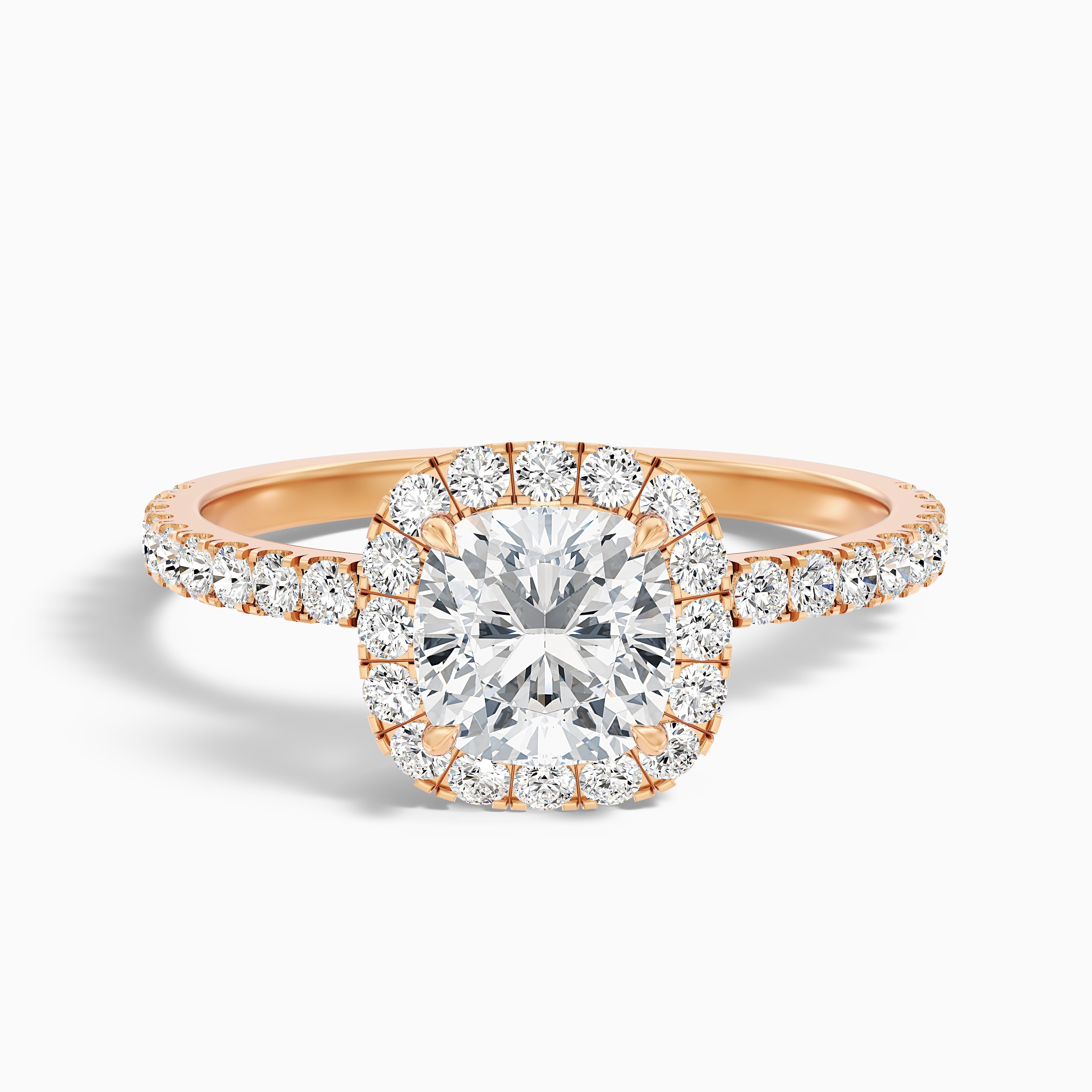 Gina 2 Carat Cushion Cut Halo Pave Moissanite Engagement Ring in 14k Rose Gold