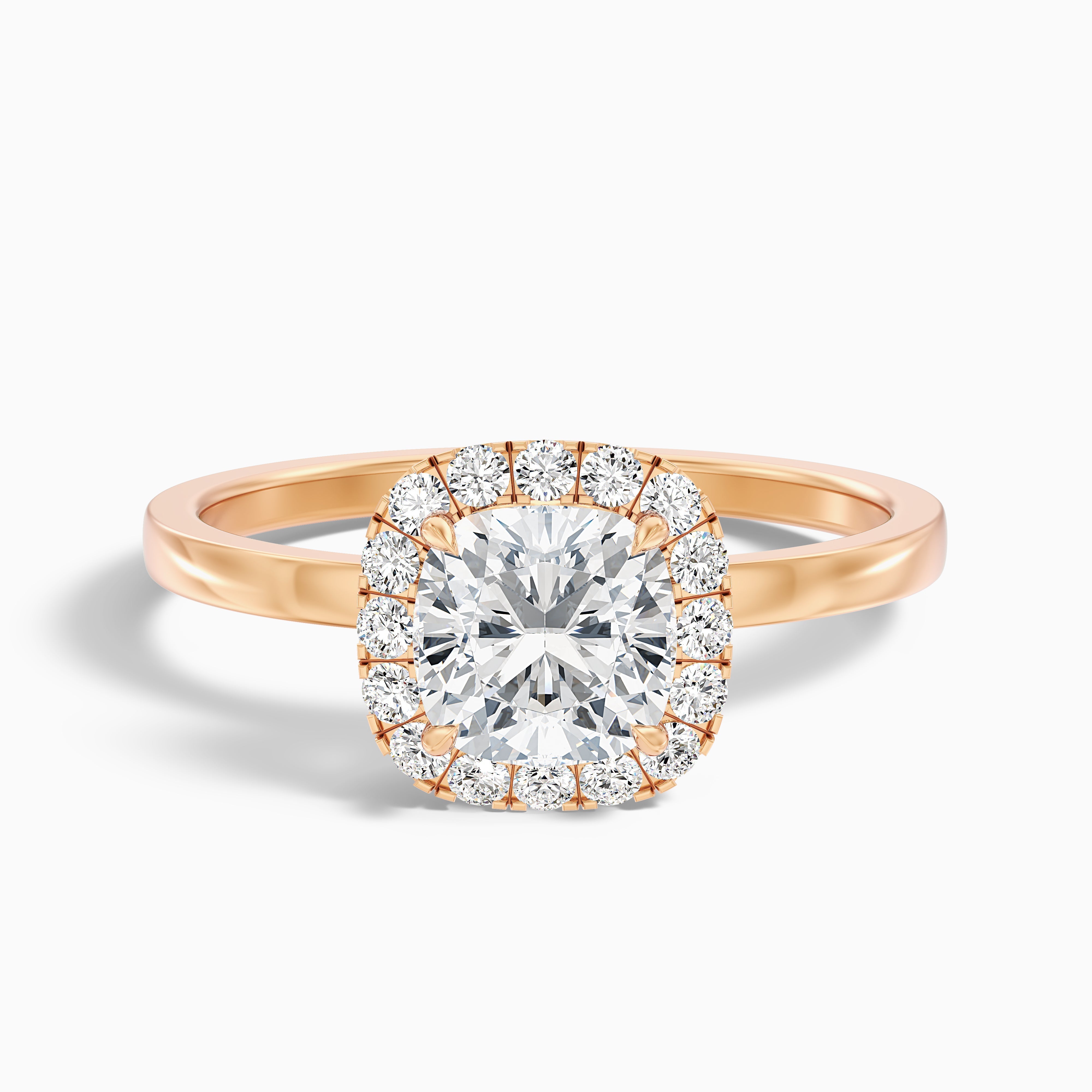 Claire 5 Carat Cushion Cut Halo Moissanite Engagement Ring in 14k Rose Gold
