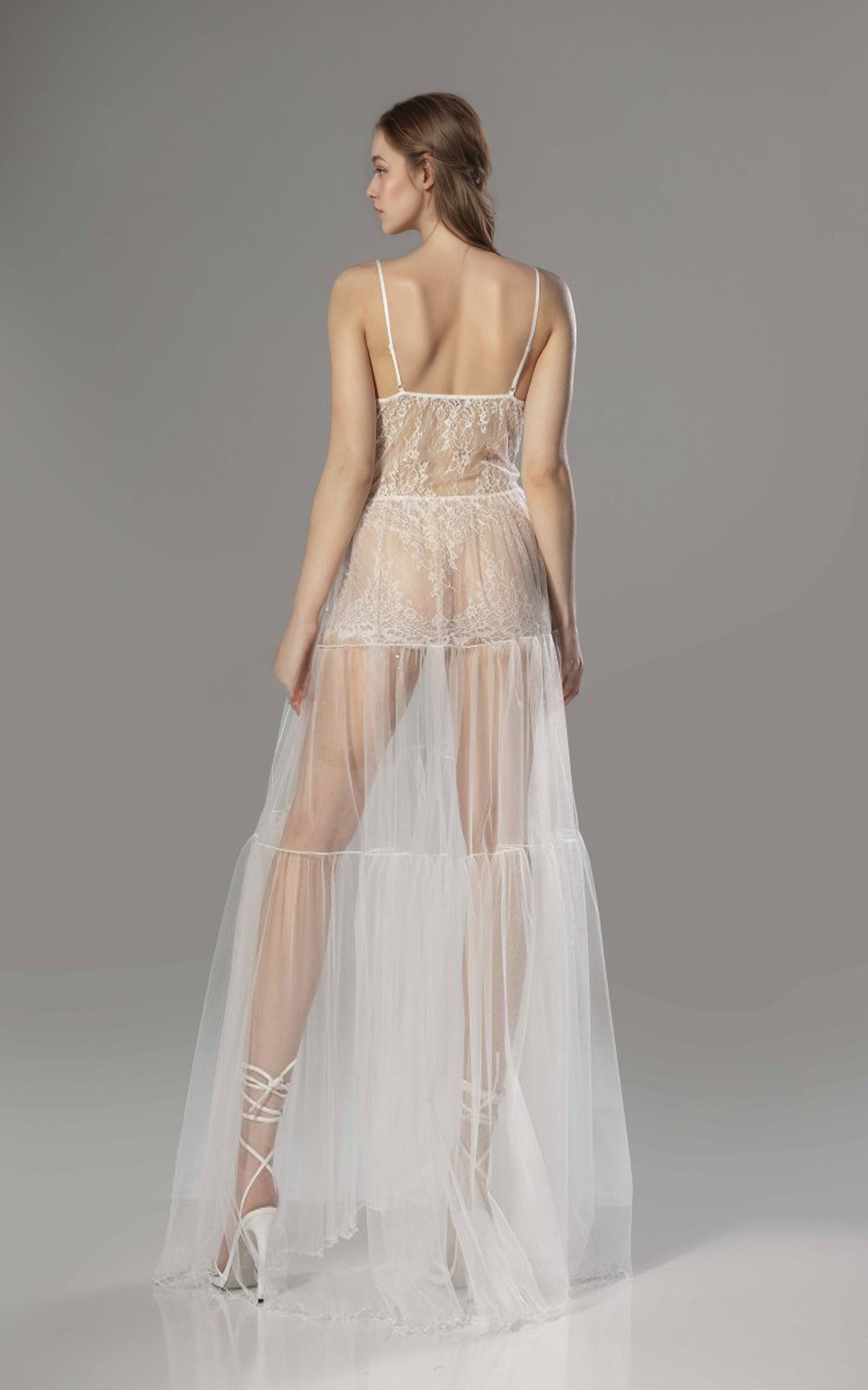 Luxury Sheer Lace Tulle Long Robe with Puff Sleeves | Bridal Boudoir Getting Ready Gown SelenaHuanStudio
