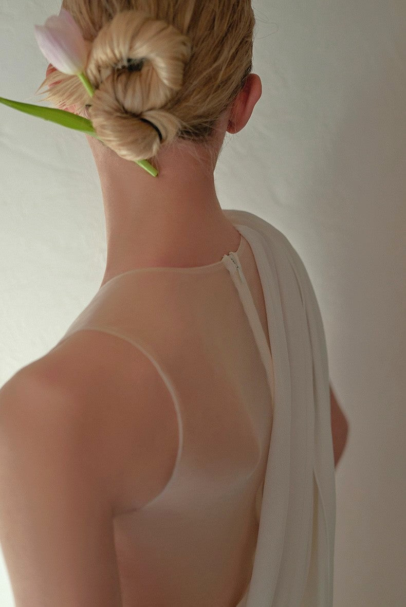Minimalist One-Shoulder Silky Satin Wedding Dress with Draped Back SelenaHuanStudio