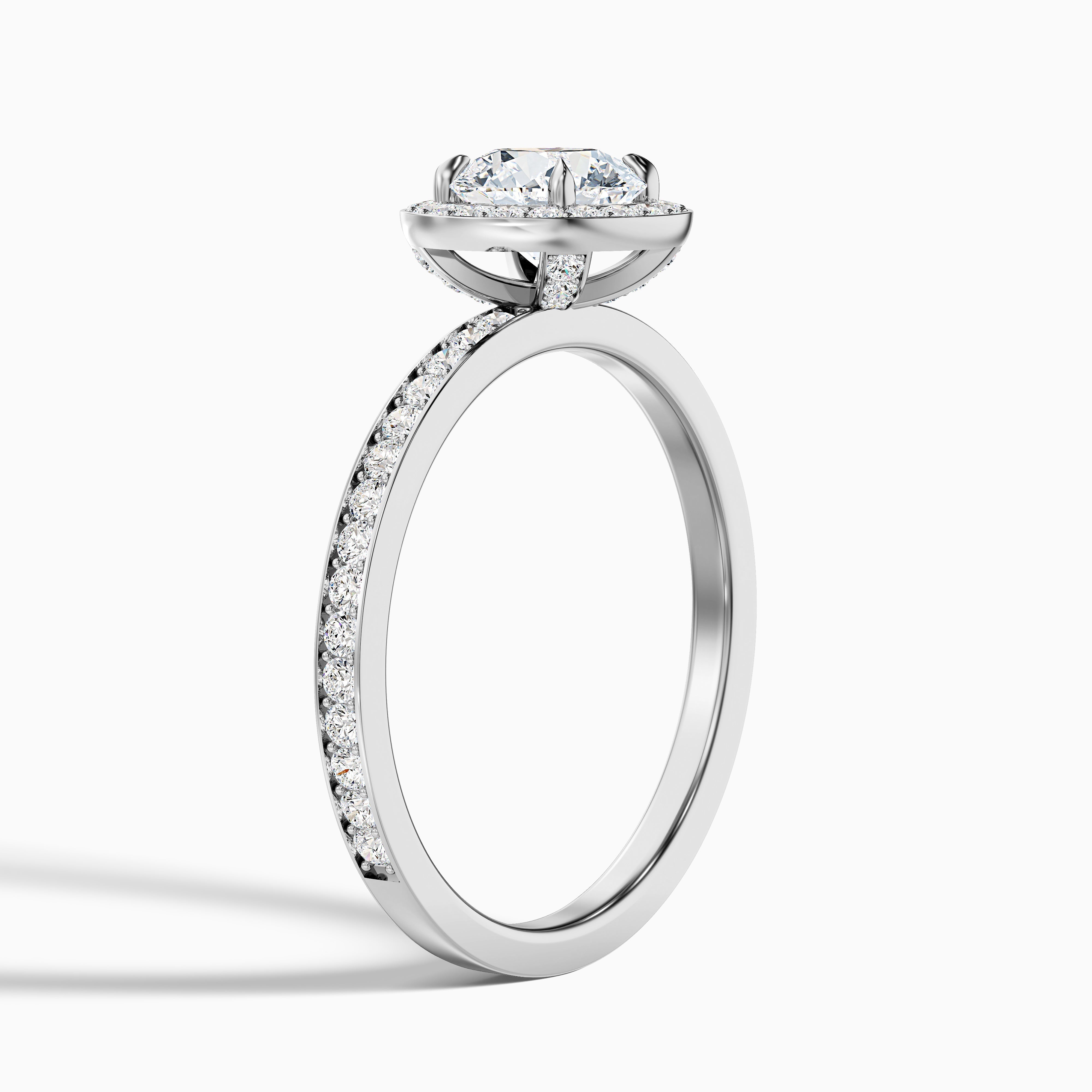 Nyra 1 Carat Round Halo Pave Moissanite Engagement Ring in 18k White Gold