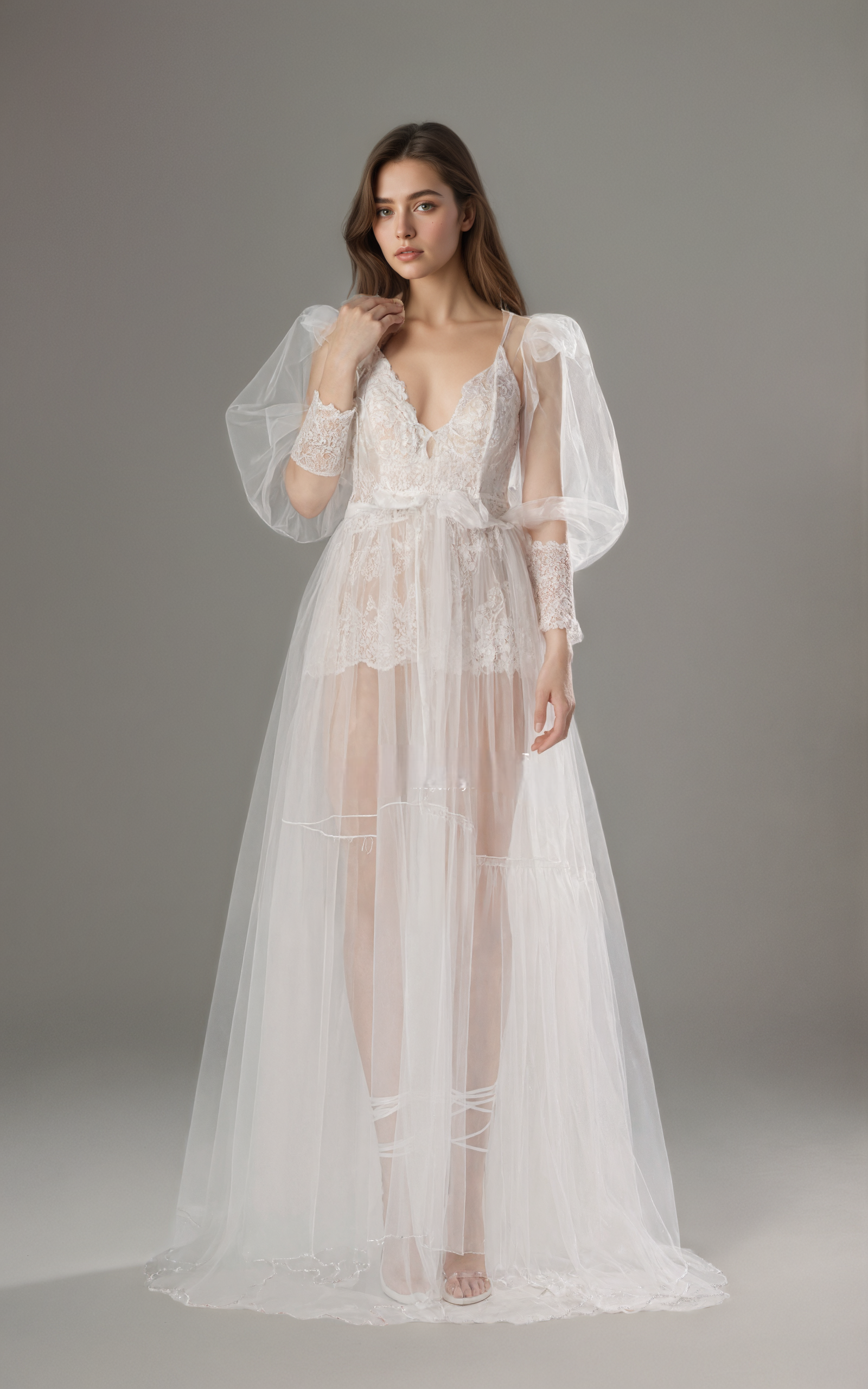Luxury Sheer Lace Tulle Long Robe with Puff Sleeves | Bridal Boudoir Getting Ready Gown SelenaHuanStudio
