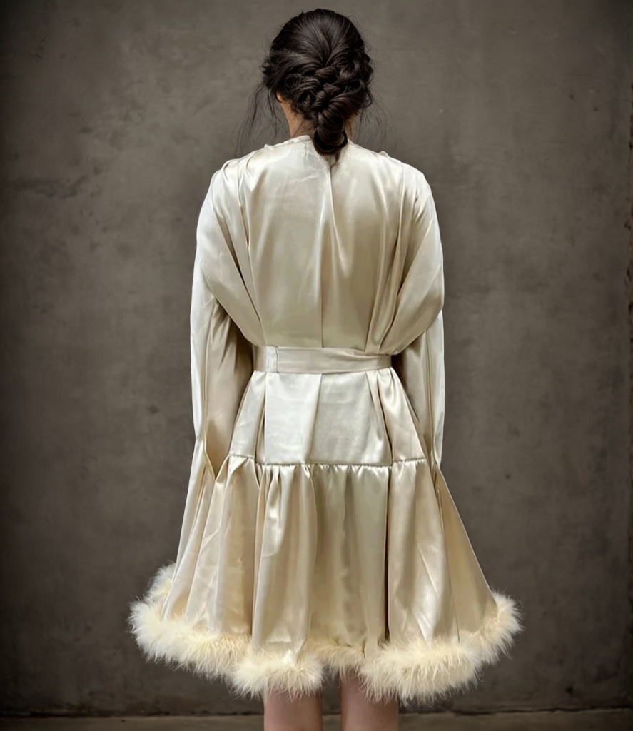 Short Satin Feather Robe – Holiday Photoshoot, Christmas Gift, Glam Party Outfit SelenaHuanStudio