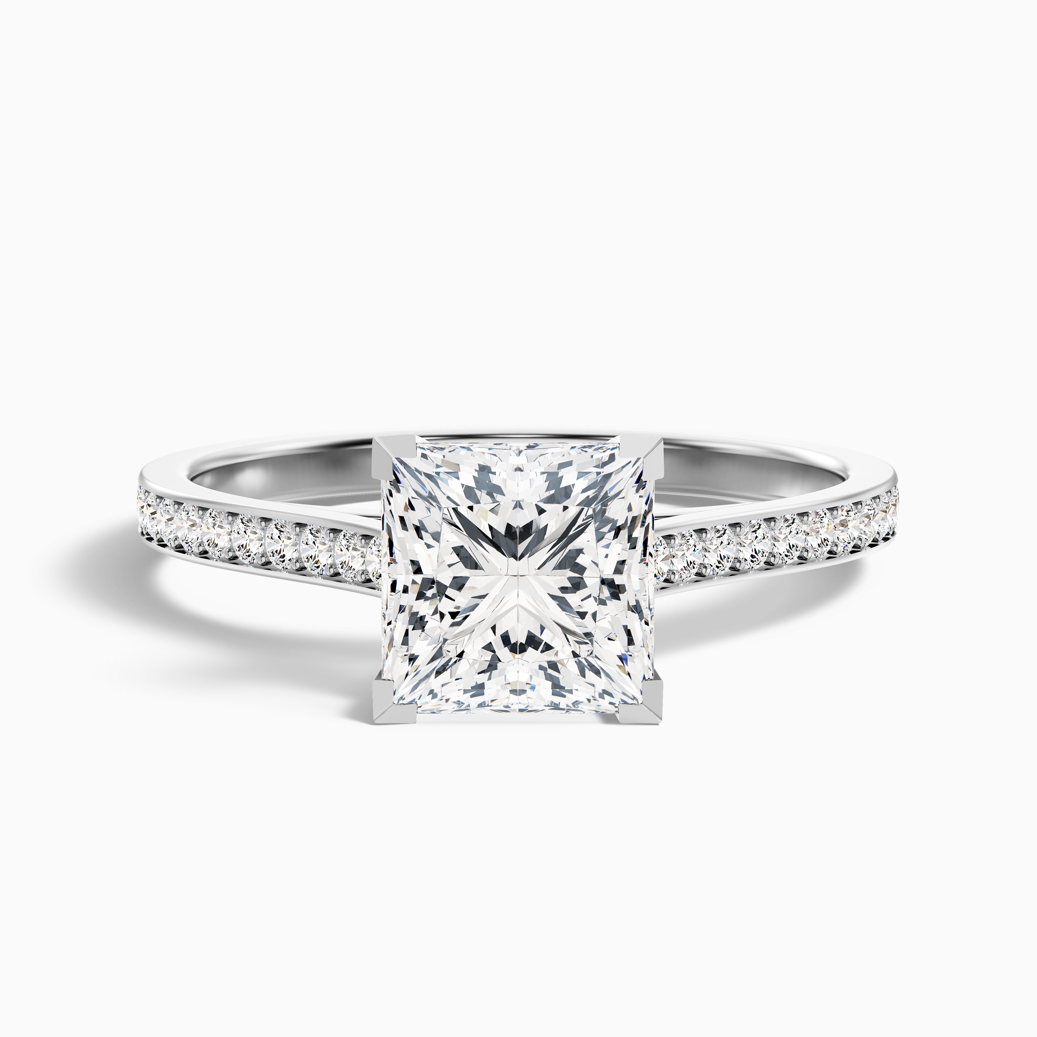 Pearl 1 Carat Princess Cut Side Stone Pave Lab Grown Diamond Ring in 925 Sterling Silver