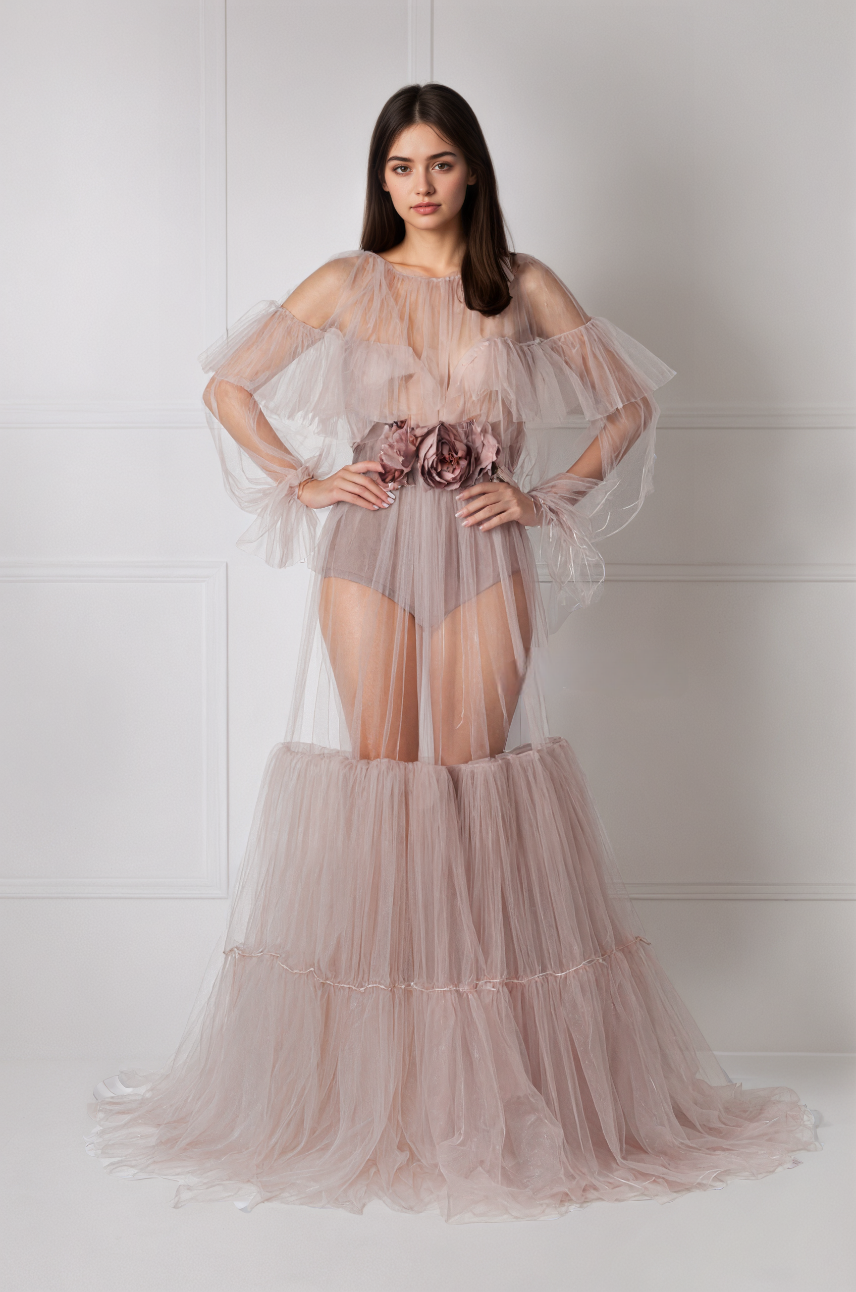 Luxury 3 colors Layered Tulle Sheer Robe Dress | Couture Ruffle Boudoir Robe Set SelenaHuanStudio