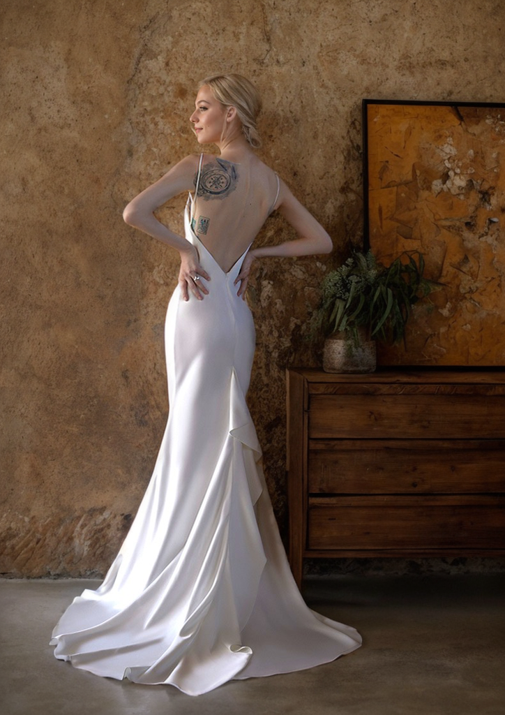 Romantic Draped Cowl Neck Satin Wedding Dress with Low Back and Train SelenaHuanStudio