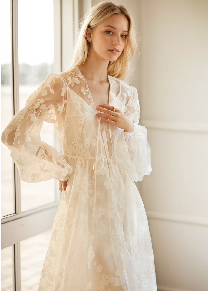 Ethereal Lace Long-Sleeve Sheer Bridal Robe Dress with Train SelenaHuanStudio