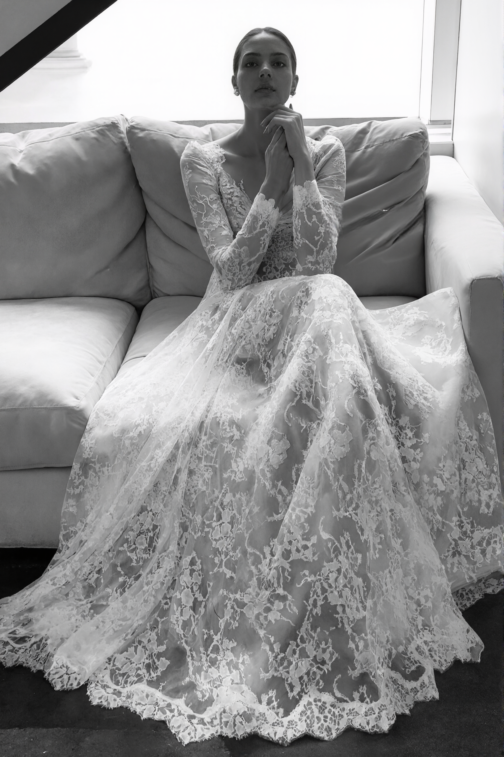 Luxury Long Sleeve Lace Sheer Robe Dress | Bridal Getting Ready & Boudoir Gown SelenaHuanStudio