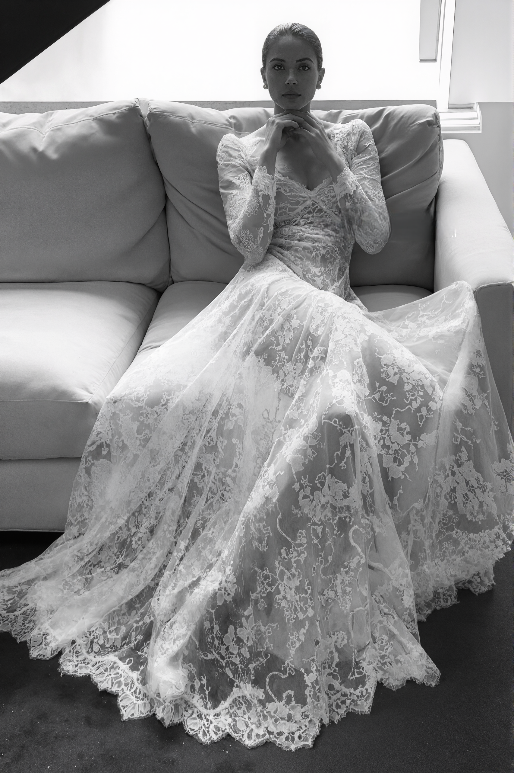 Luxury Long Sleeve Lace Sheer Robe Dress | Bridal Getting Ready & Boudoir Gown SelenaHuanStudio