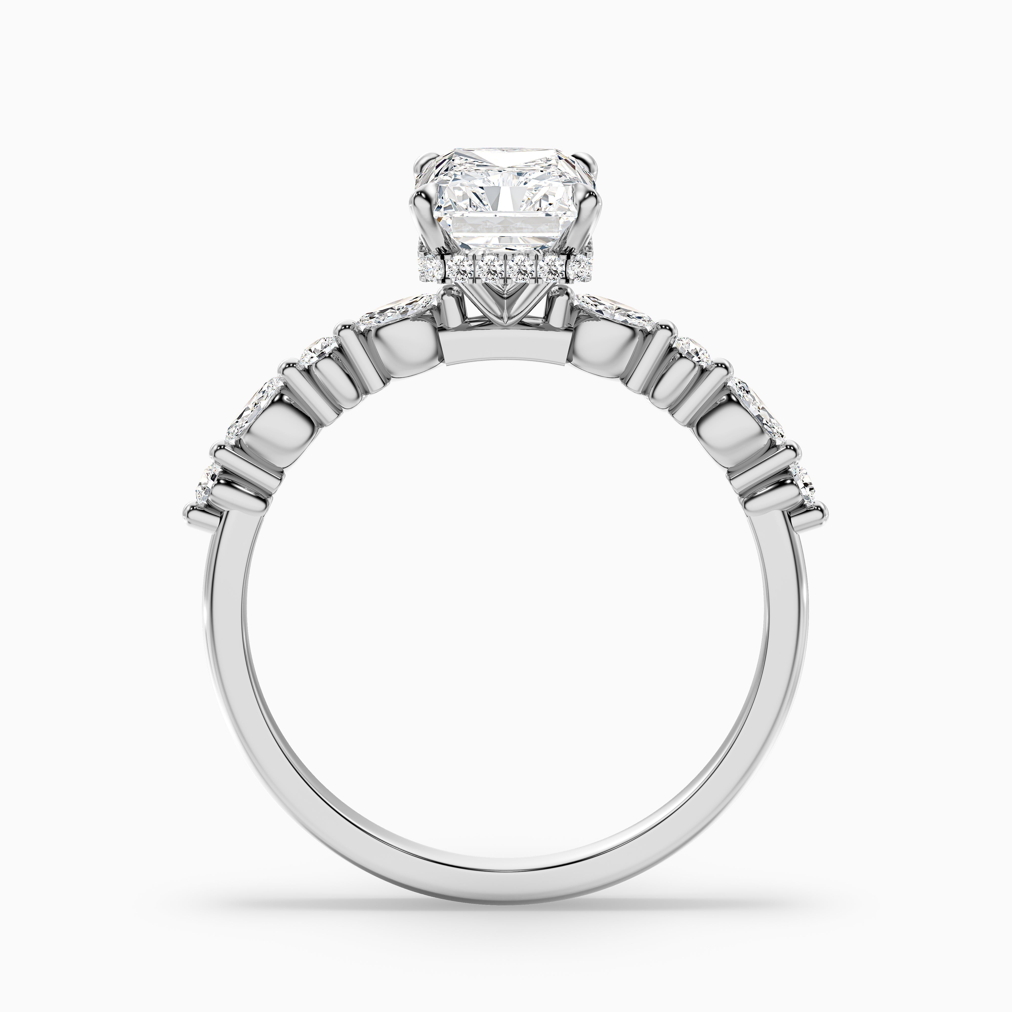 Erica 3 Carat Radiant With Side Stones and Hidden Halo Moissanite Engagement Ring in 925 Sterling Silver