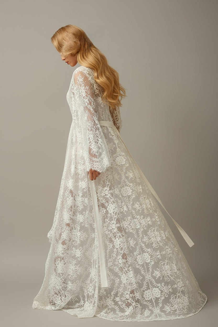 Chantilly Lace Long Robe with Silky Satin Lace Nightgown - next day shipping SelenaHuanStudio