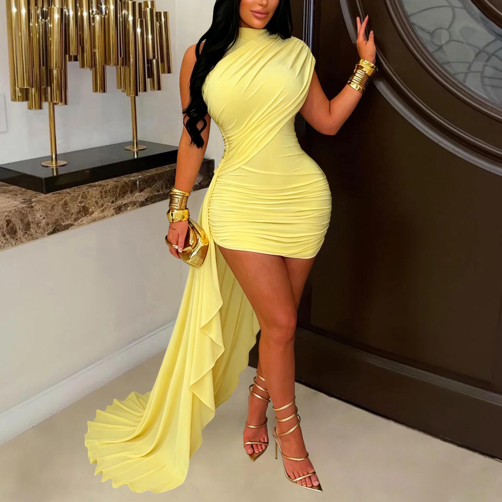 Sexy Women Clothing Mesh Stitching Ruffle Slim Fit Dress