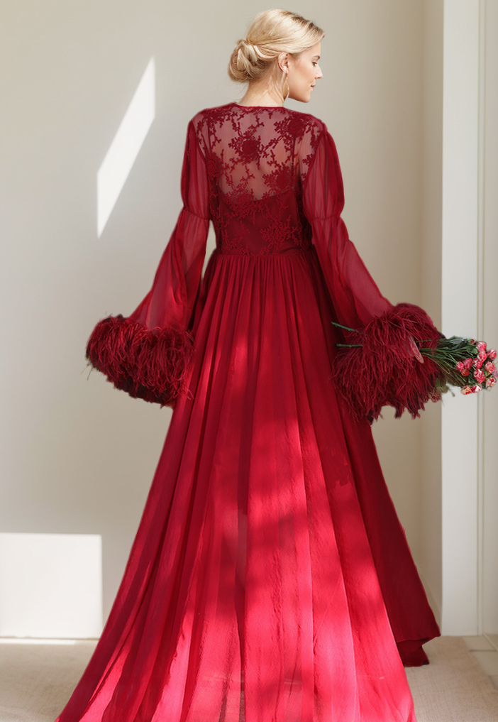 Ethereal Lace & Feather-Trimmed Sheer Bridal Robe – Vintage Luxury Loungewear SelenaHuanStudio