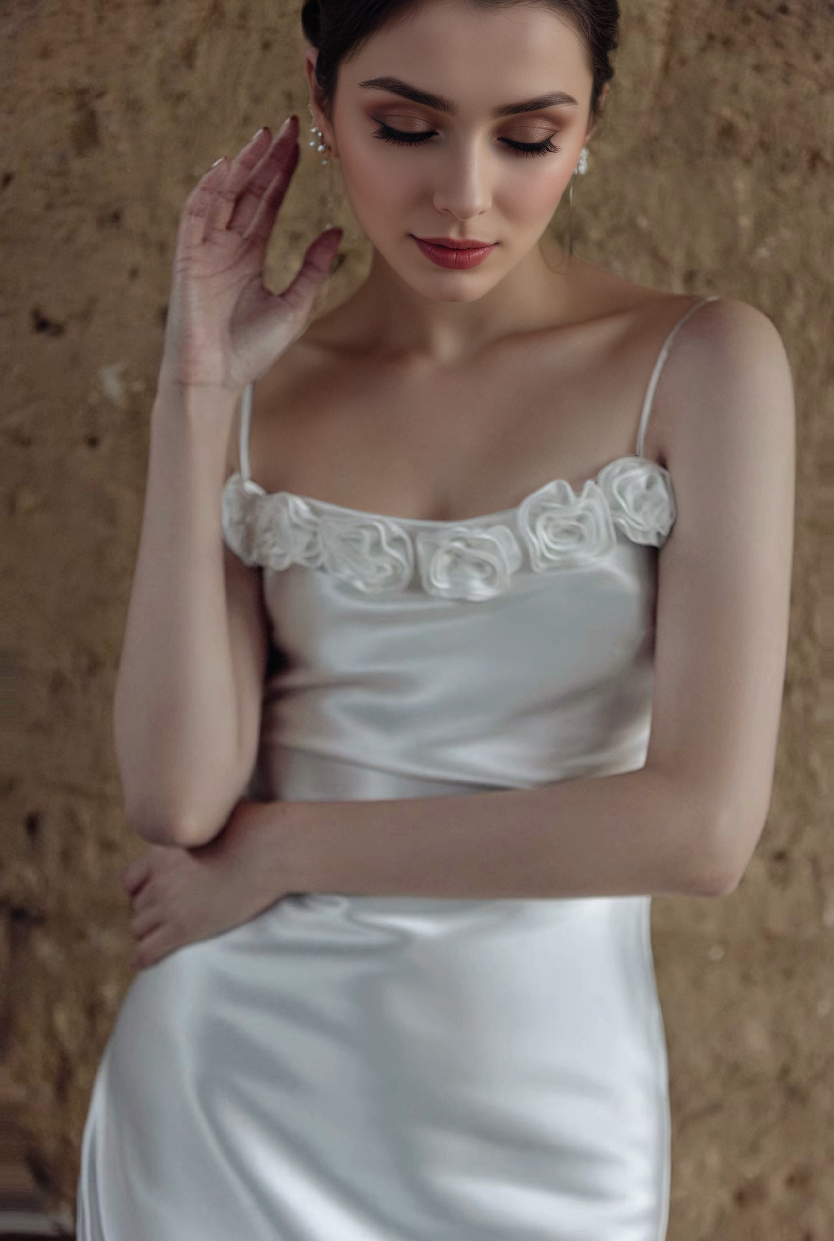 Vintage Rose-Trimmed Satin Slip Wedding Dress with Spaghetti Straps SelenaHuanStudio