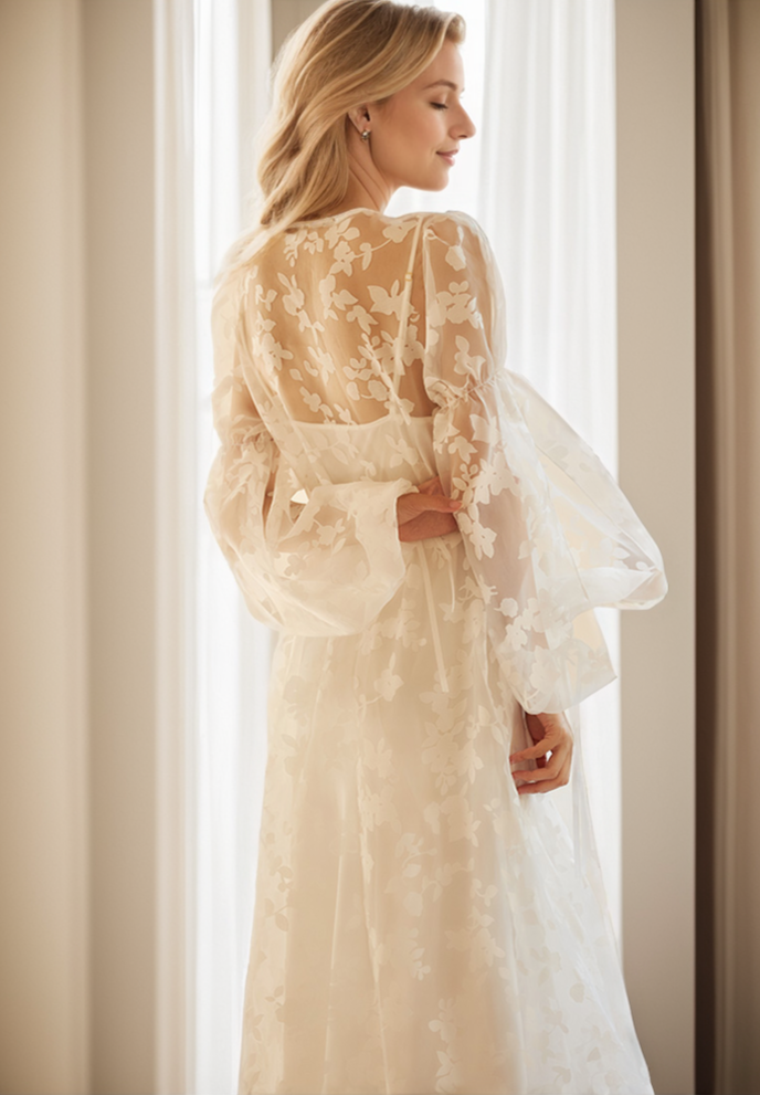 Ethereal Lace Long-Sleeve Sheer Bridal Robe Dress with Train SelenaHuanStudio