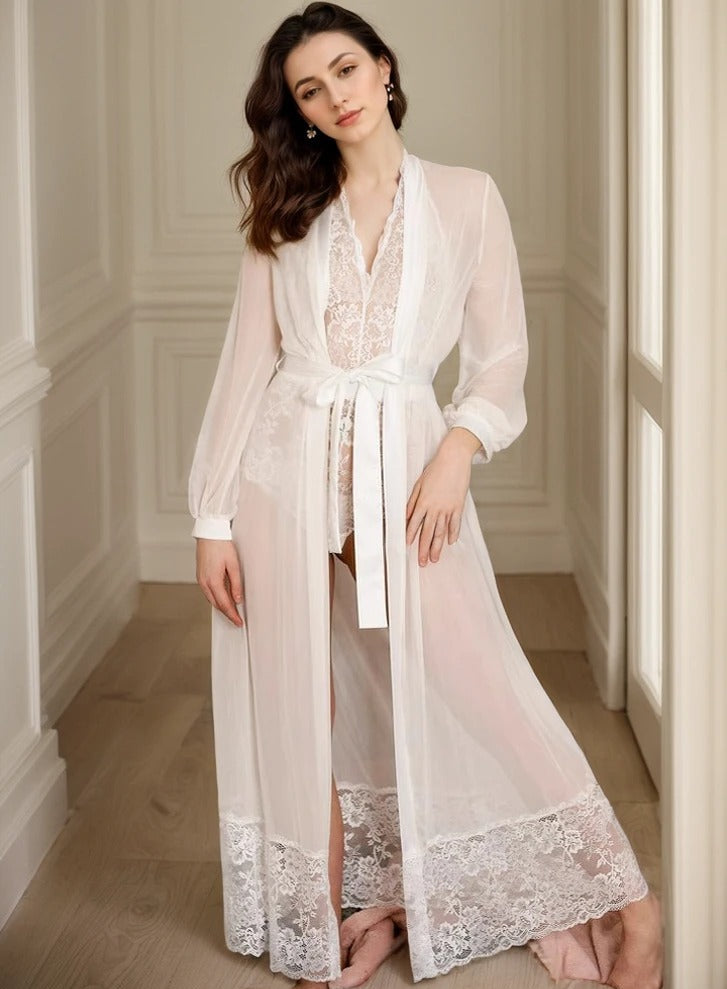 Elegant Sheer Mesh White Lace Long Bridal Robe Set SelenaHuanStudio