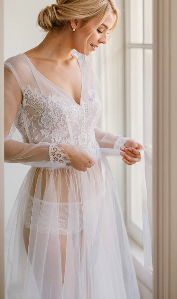 Elegant Sheer Lace Bridal Robe – Long-Sleeve See-Through Lingerie Gown SelenaHuanStudio