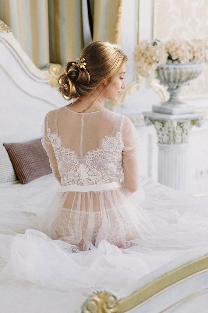 Elegant Sheer Lace Bridal Robe – Long-Sleeve See-Through Lingerie Gown SelenaHuanStudio