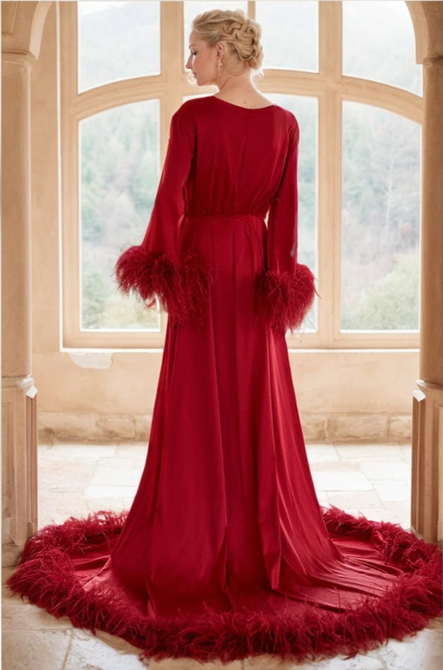 Luxury Thick Ostrich Feather Floor-Length Satin Robe with Train – Elegant Bridal Loungewear SelenaHuanStudio