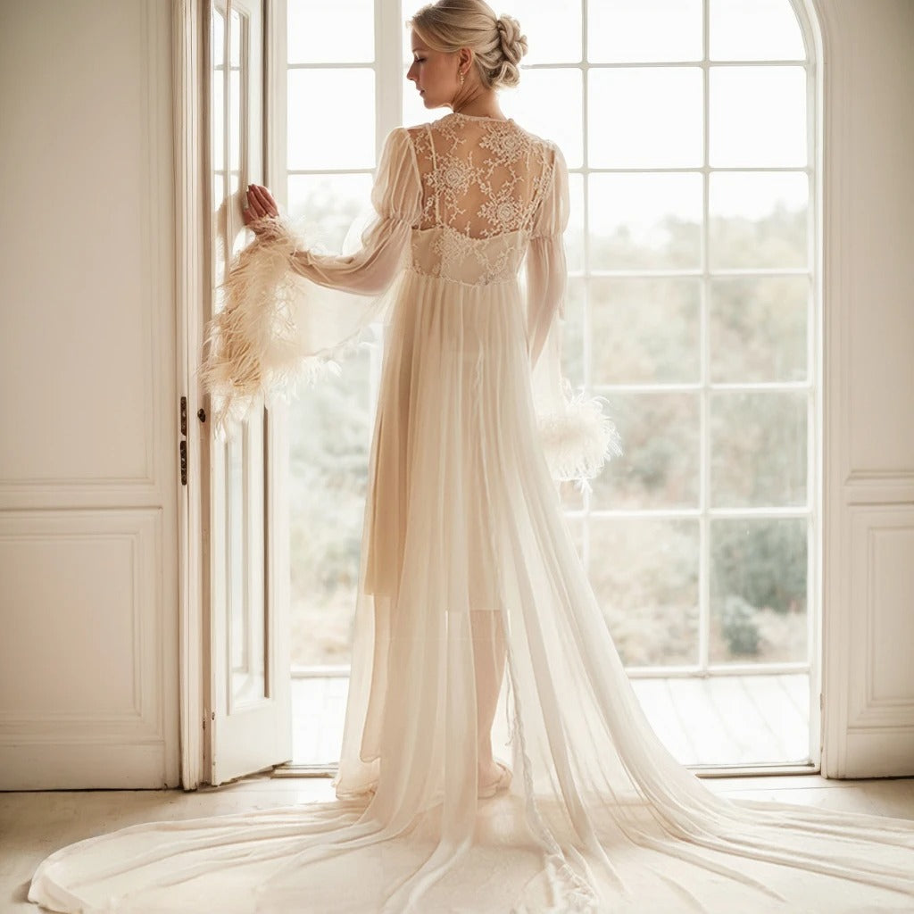 Ethereal Lace & Feather-Trimmed Sheer Bridal Robe – Vintage Luxury Loungewear SelenaHuanStudio