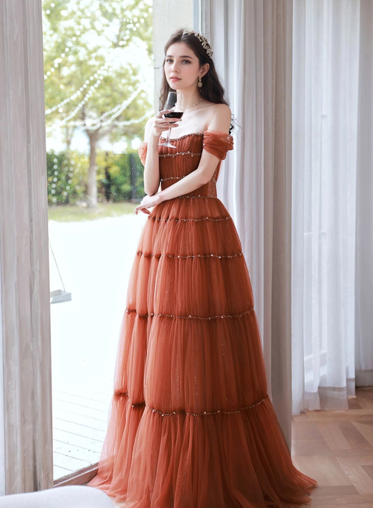 Tiered Tulle Off-Shoulder Gown with Crystal Beading SelenaHuanStudio