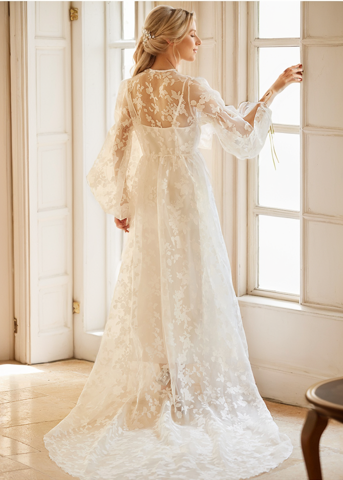 Ethereal Lace Long-Sleeve Sheer Bridal Robe Dress with Train SelenaHuanStudio