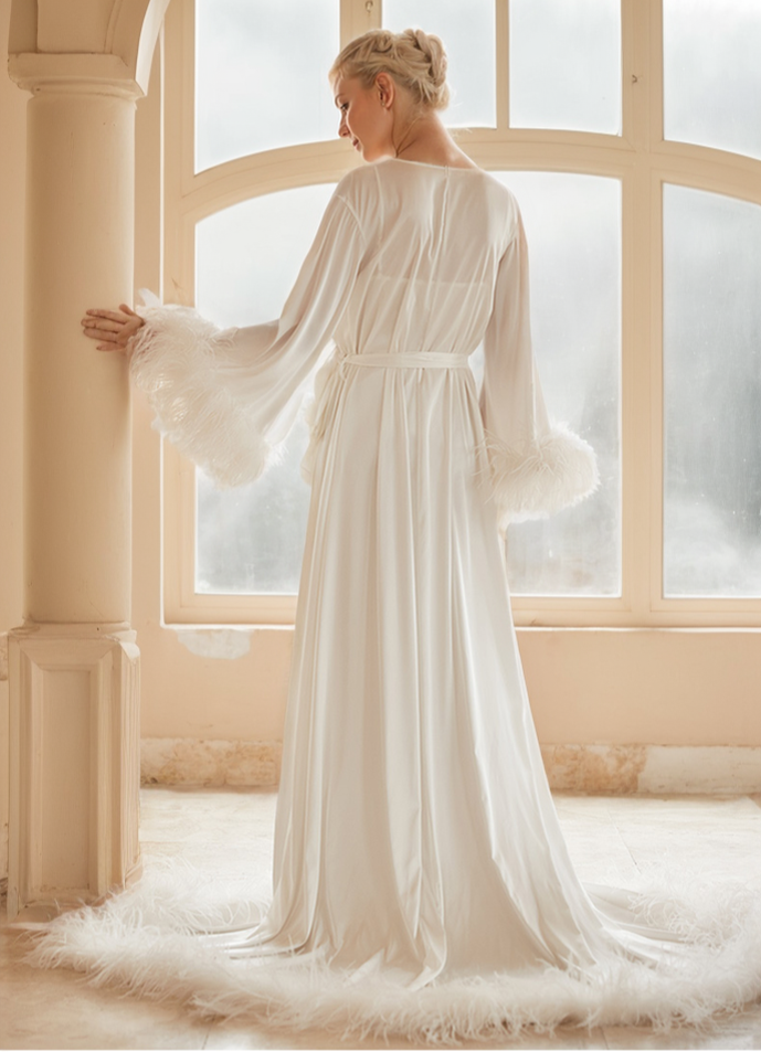 Luxury Thick Ostrich Feather Floor-Length Satin Robe with Train – Elegant Bridal Loungewear SelenaHuanStudio