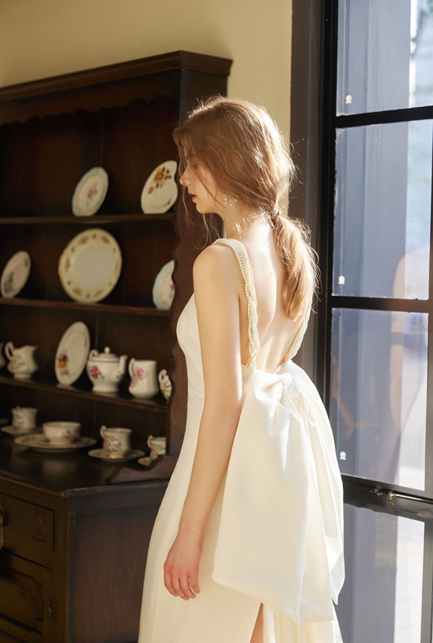 Pearl Strap Halter Satin Wedding Dress with Dramatic Back Bow and Train SelenaHuanStudio