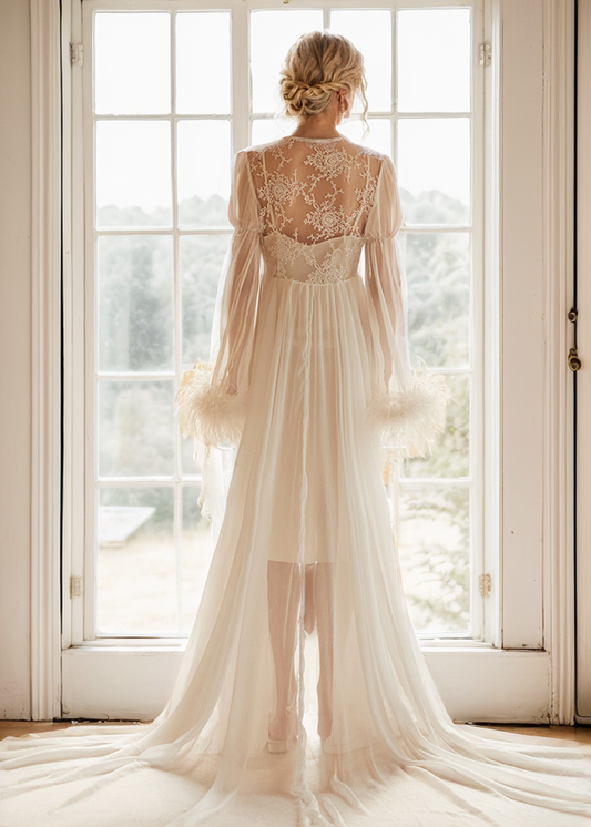 Ethereal Lace & Feather-Trimmed Sheer Bridal Robe – Vintage Luxury Loungewear