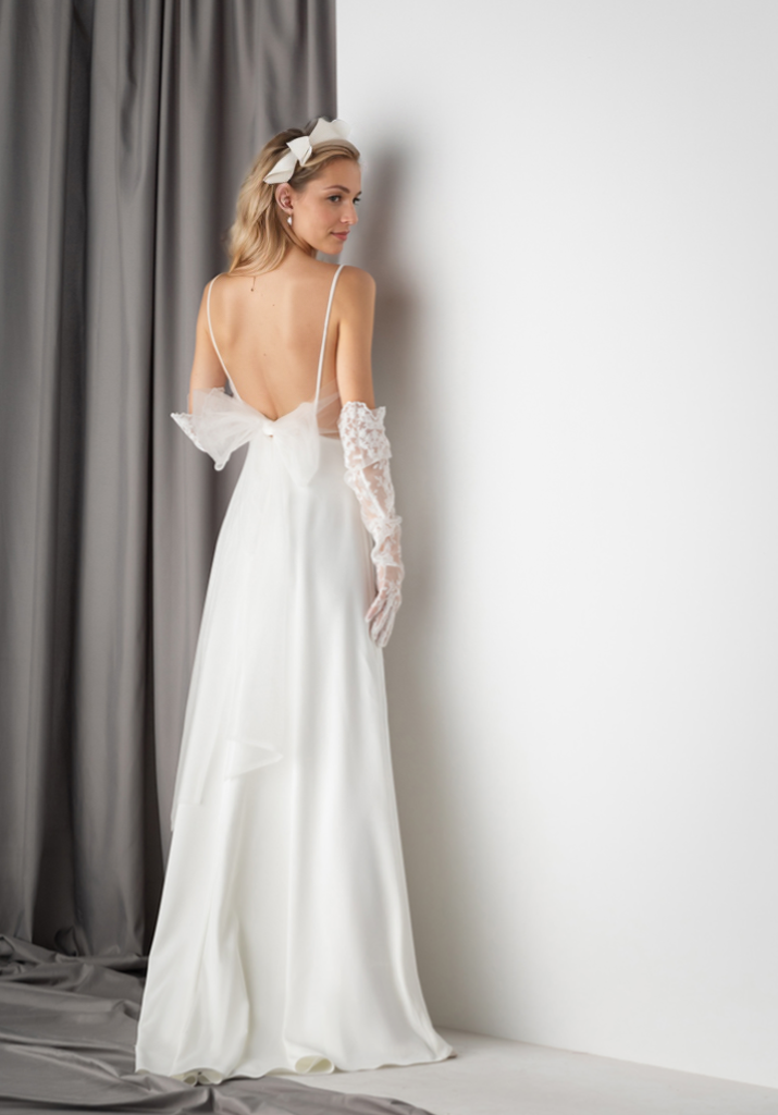 Minimalist Satin Wedding Dress with Delicate Bow Back & Sheer Gloves SelenaHuanStudio