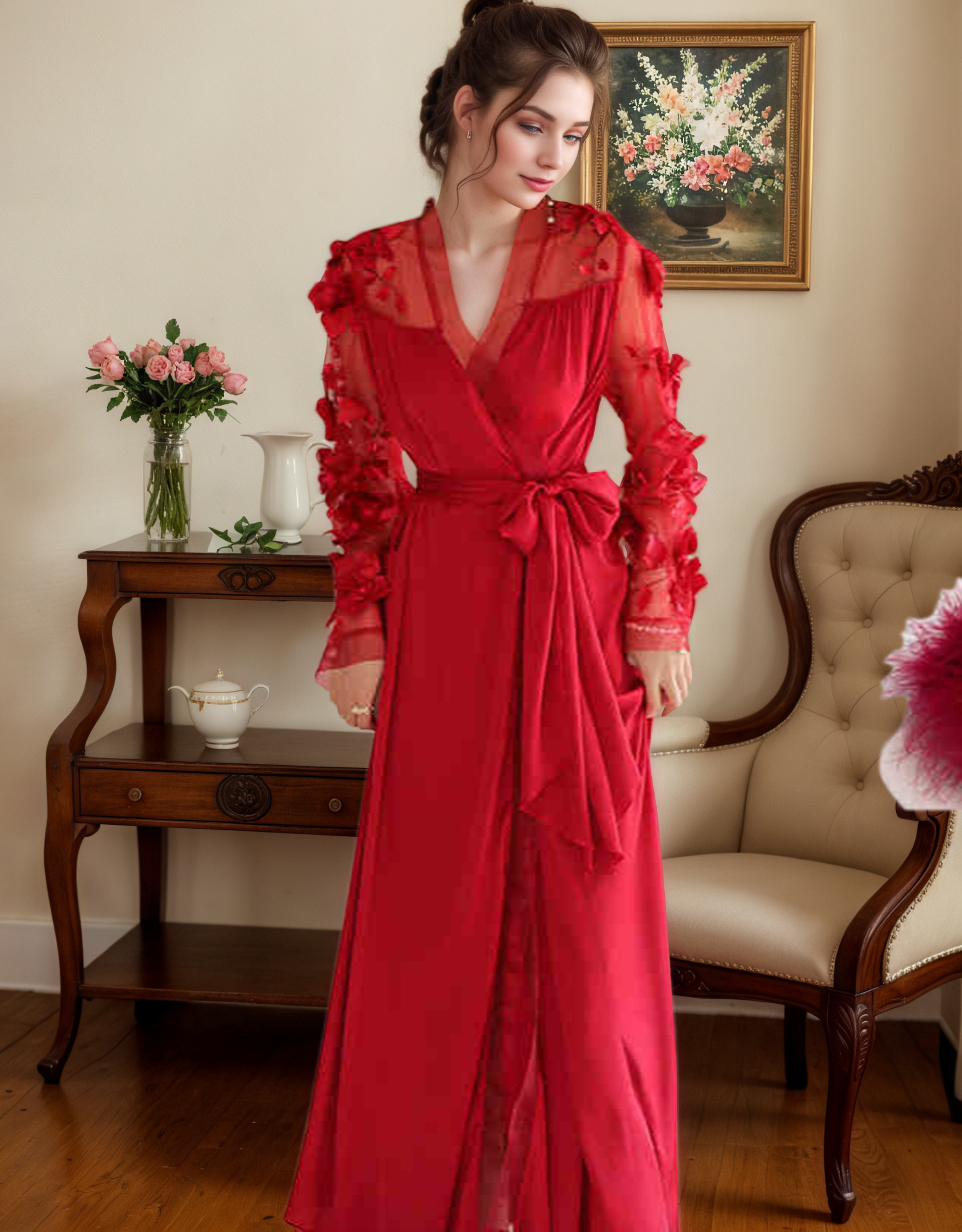 3D Floral Appliqué Sheer Sleeve Satin Robe – Wine Red or Ivory White SelenaHuanStudio