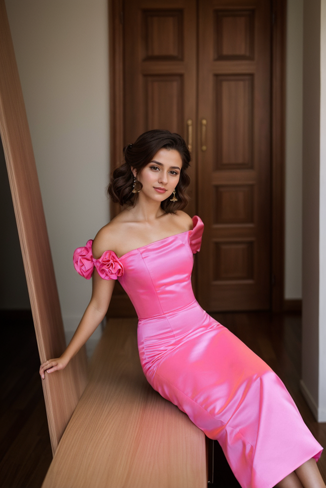 3D floral sleeves Off the shoulder ankle length sheath silky satin prom dress SelenaHuanStudio