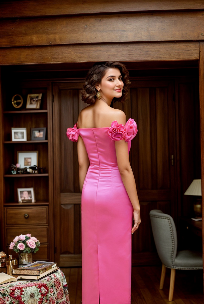 3D floral sleeves Off the shoulder ankle length sheath silky satin prom dress SelenaHuanStudio