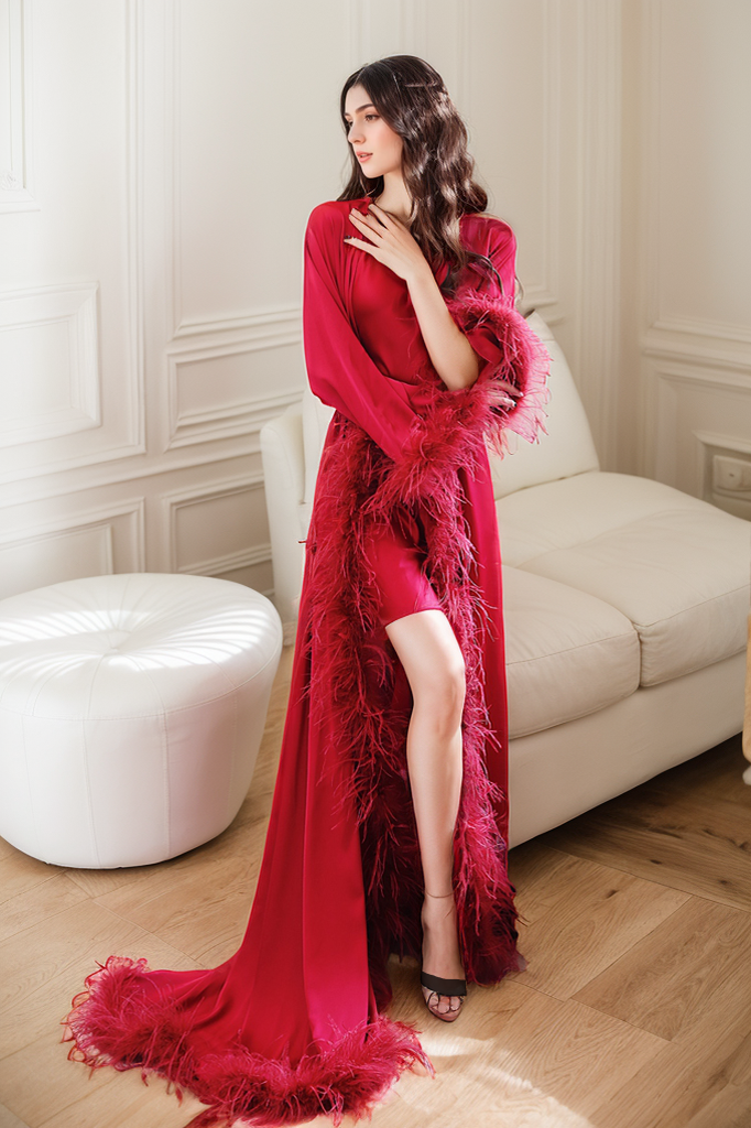 Luxury Ostrich Feather Satin Bridal Robe – White/Ivory Train, Holiday Photoshoot Gift SelenaHuanStudio