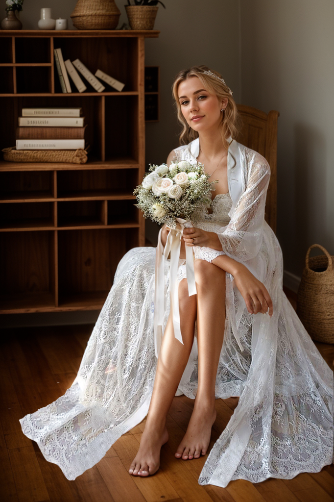 Chantilly Floral Lace Long Robe Set with Train - Next Day Shipping SelenaHuanStudio