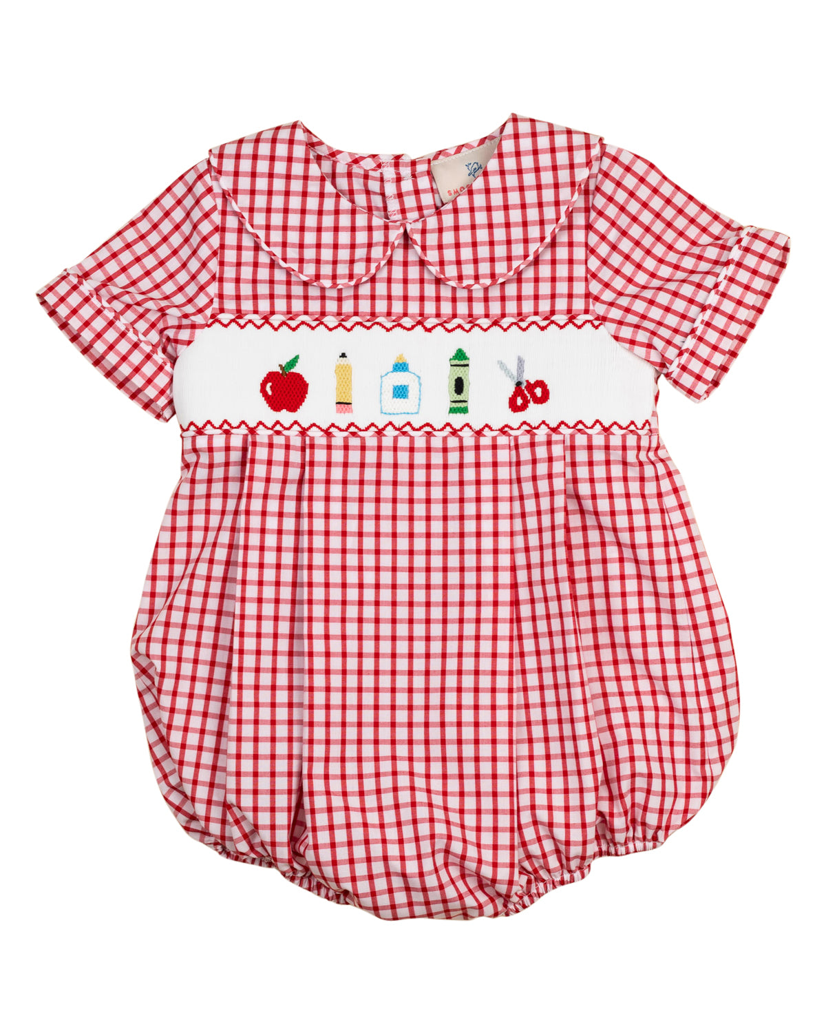 School Supplies Smocked Red Windowpane Boy Bubble- FINAL SALE Smockingbird