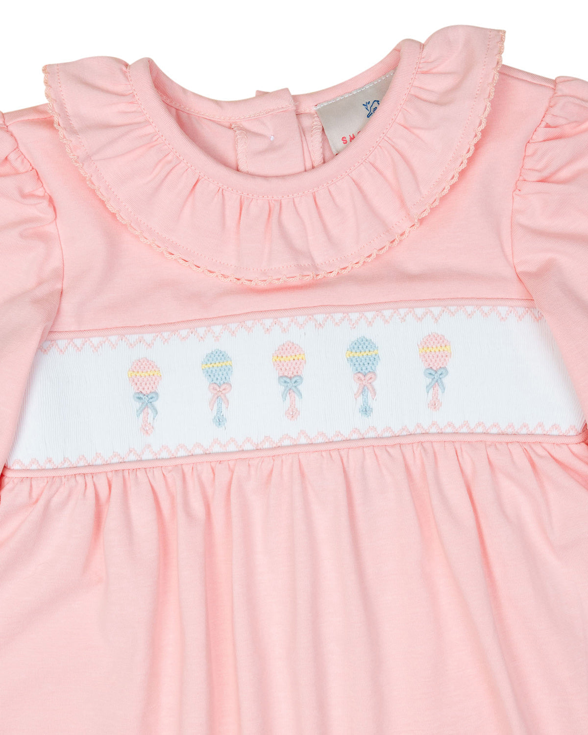 Baby Rattle Smocked Knit Onesie In Pink Smockingbird